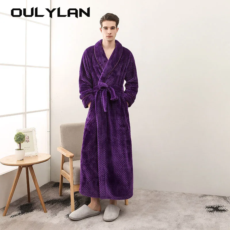 Soft Kimono Dressing Gown Solid Comfortable Sleepwear  Long Robe Flanne Pajamas Thick Large Bathrobe Extended White Pajamas