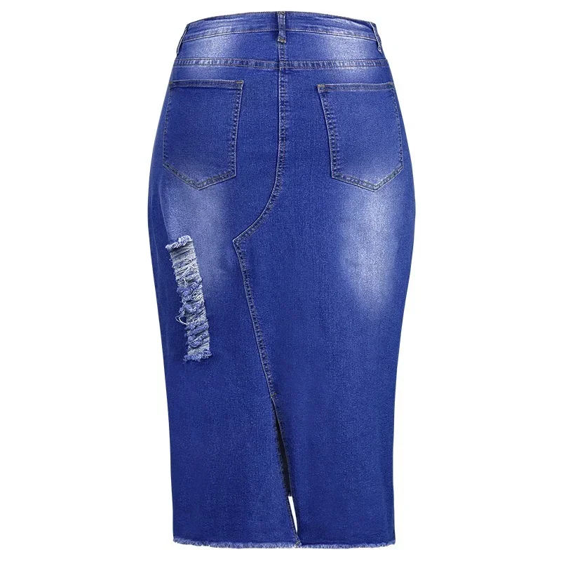 High Waist Ripped Split Denim Distressed Fashion Jeans Elastic Bodycon Long Skirt Women Trendy Retro Washed Irregular Skirts