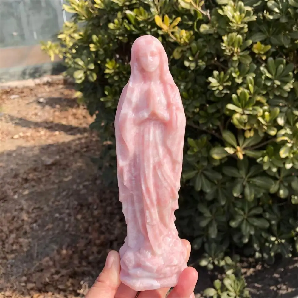 Natural pink opal Carving of the Virgin Mary Hand Polished Crystal Healing Mineral Home Decoration Ornament for Stress Relief