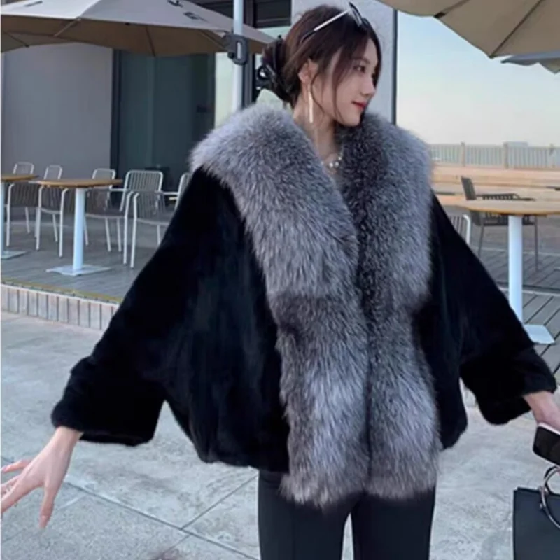 2024 Winter New Mink Skin Whole Mink Casual Short Fur Coat Fox Hair Collar Mink Hair Bat Sleeve