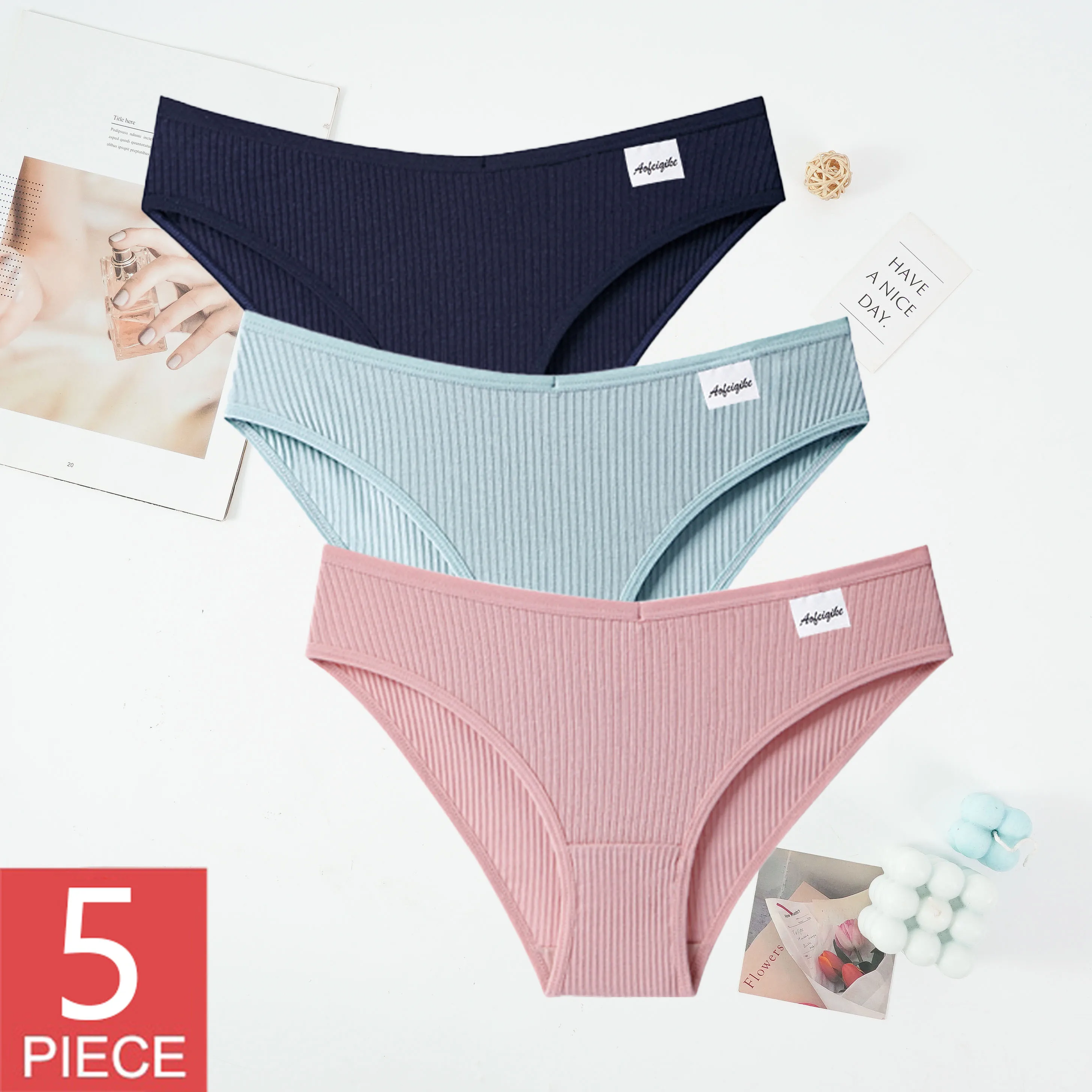 5PCS Women\'s Panties Cotton Underwear Sexy V Waist Briefs Girl Low Waist Soft Striped Underpants Comfortable Intimate Lingere