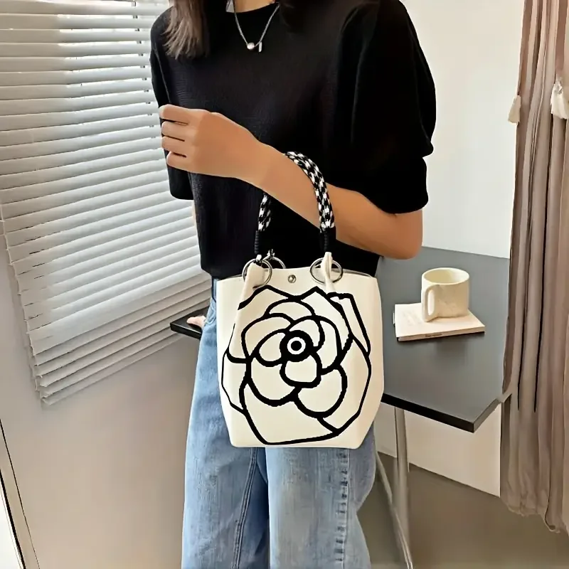 1 Piece of Women's Floral Knitted Design Black and White Diamond Knitted Tote Bag Casual and Versatile Large Capacity