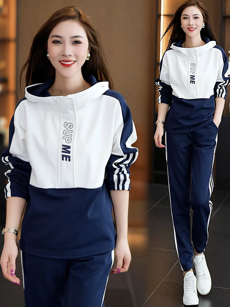 

Leisure Sports Set for Women Autumn New Style Fashionable Hooded Sweatshirt Pants Running Clothes Trendy Two Piece Set