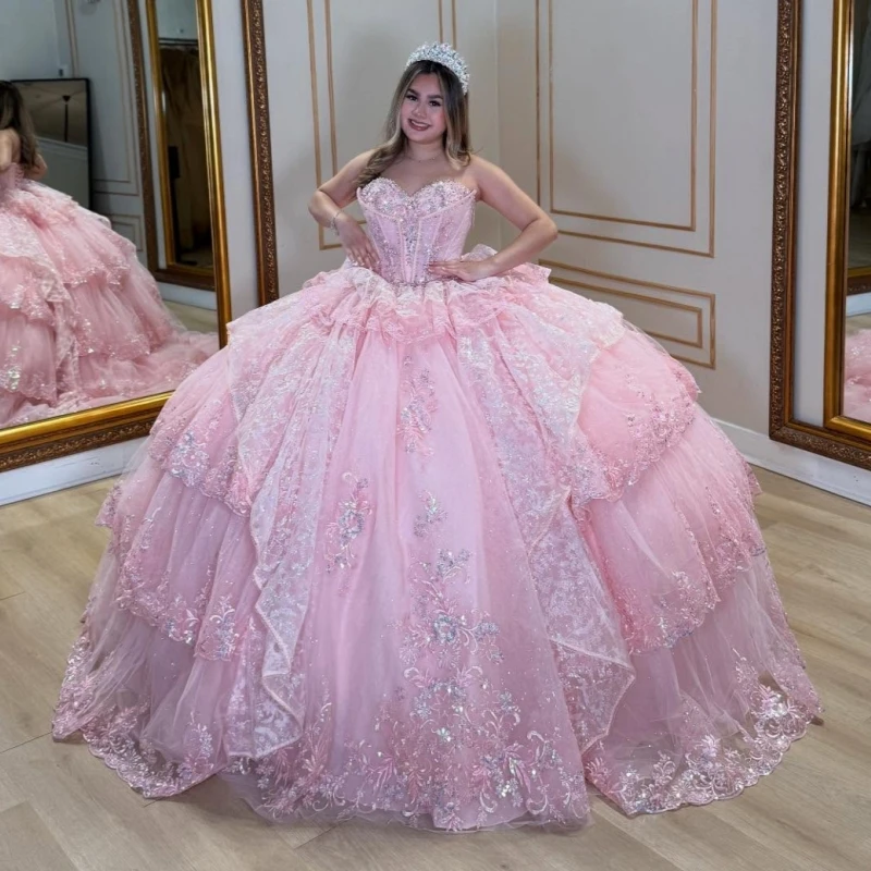 

Pink Shiny Princess Off the Shoulder Sweet 16 Dress Quinceanera Dresses Applique Lace Beads Tiered Tull Corset Party Birthday