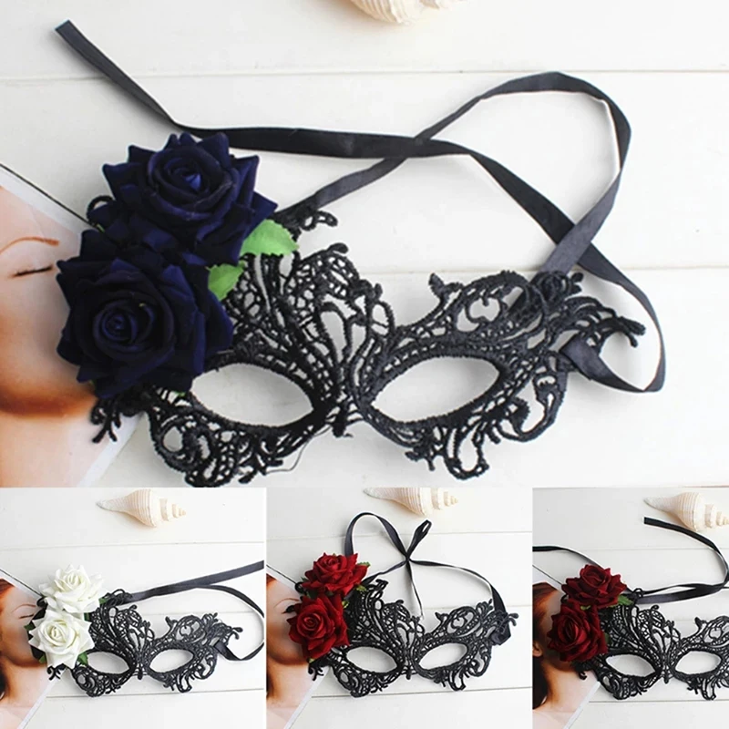 Masquerade Mask Womens Venetian Mask Pretty Elegant Lady Masquerade Halloween Mardi Gras Party Props with Rose Decor