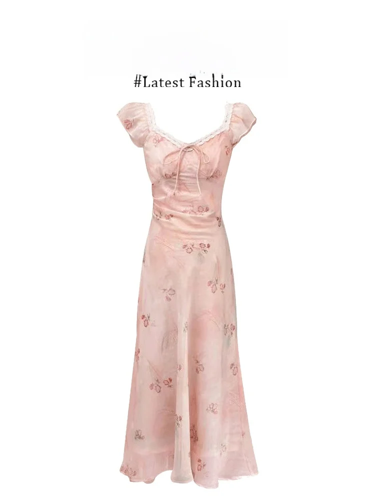 

Parkyeon Pink Floral Print Short Sleeve Dress Women's Unique Floral Long Skirt Belted Summer Fashionable Two-Piece Set