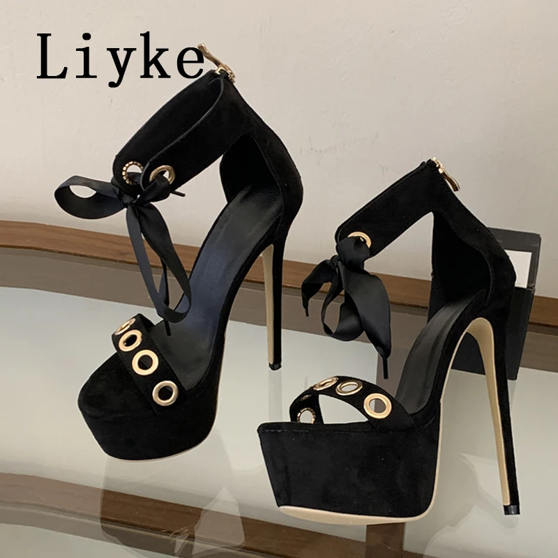 

Liyke Sexy Leopard Print Super High Heels Party Dress Shoes Fashion Hollow Out Metal Circle Lace Up Women Platform Sandals