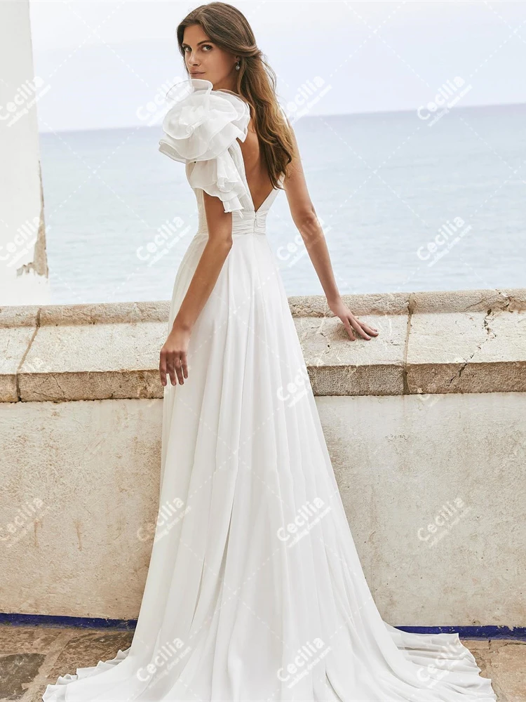 Graceful Wedding Dresses A-Line Chiffon Tiered Bridal Gowns Sleeveless Backless Robes Bow Decoration Modern Vestidos De Novia