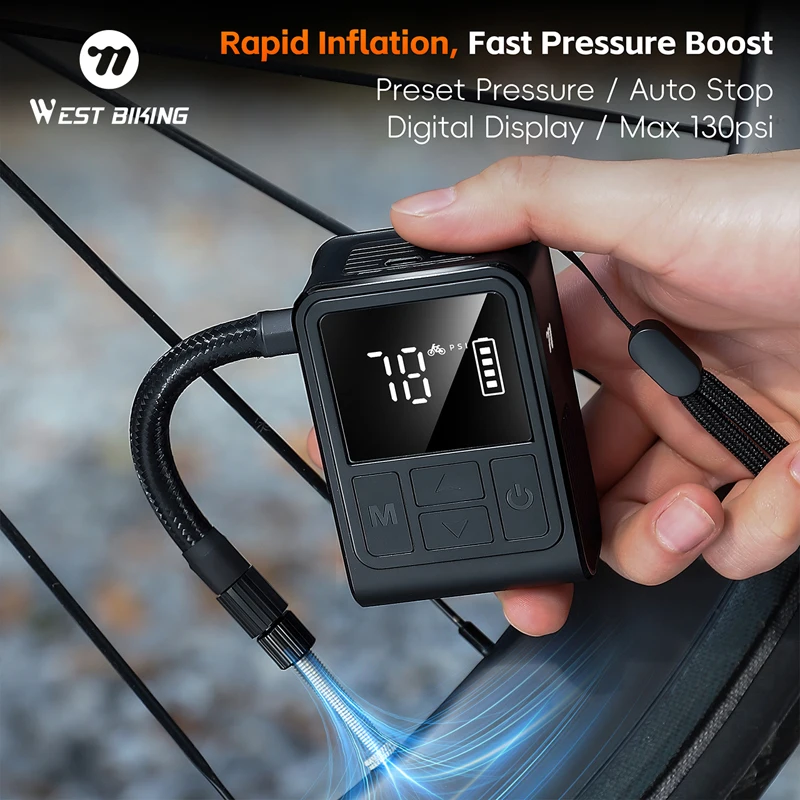 

Портативный мини-насос WEST BIKING для электровелосипедов, 130PSI, Type-C, для накачки шин MTB, шоссейных и обычных велосипедов, с клапанами AV/FV