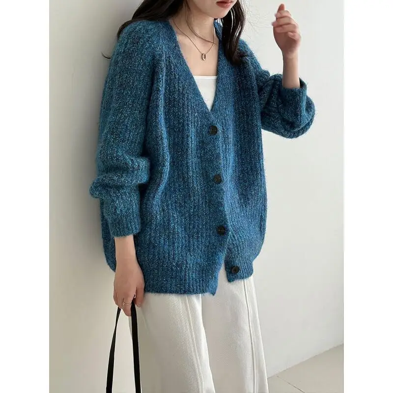 

Korean style Women's sense of relaxation V-neck wool flex knit cardigan autumn winter new model loose coat Chic Female Sweaters