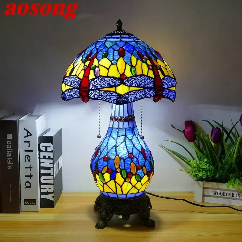 

AOSONG Tiffany Table Lamp American Retro Living Room Bedroom Lamp Luxurious Villa Hotel Stained Glass Desk Lamp