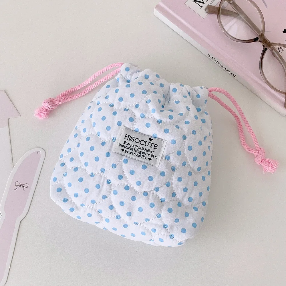Portable Polka Dot Pattern Cosmetic Bag Soft Cotton Quilted Toiletry Storage Bag Multipurpose Makeup Pouch Women