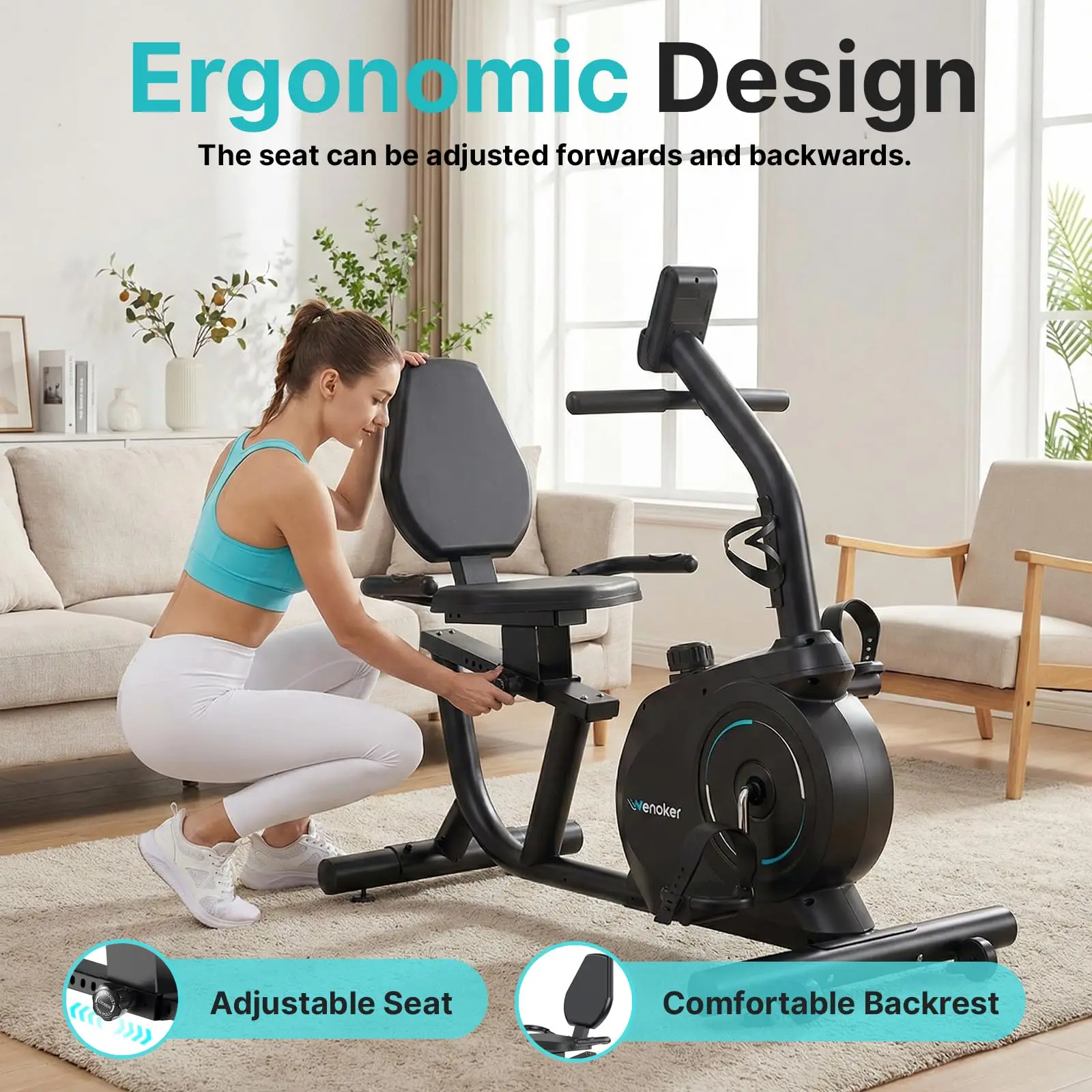 Recumbent Exercise Bike for Home, Quiet Magnetic Stationary Bike with Bluetooth APP Connectivity, 15-Level Magnetic