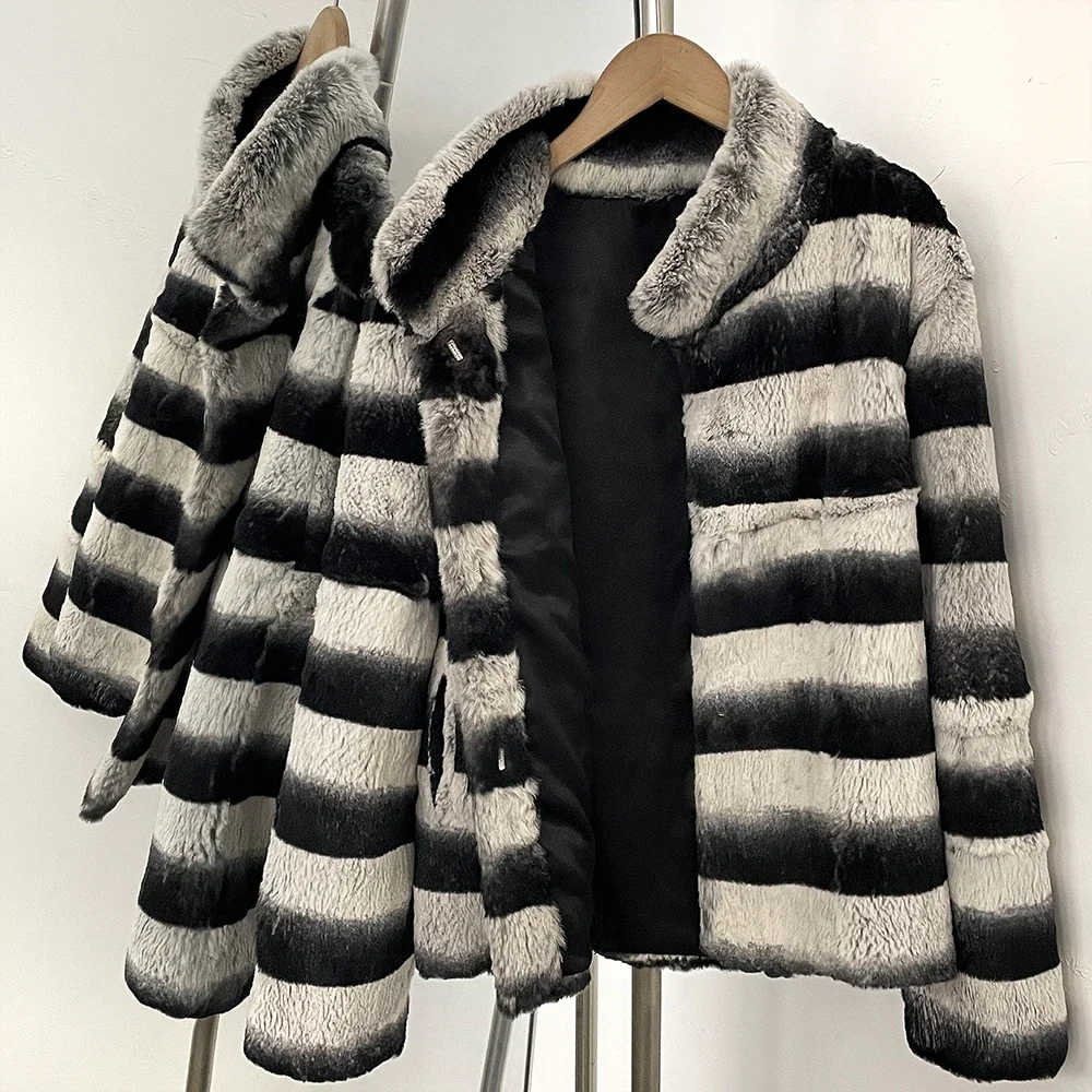 OFTBUY Stand Collar Natural Rabbit Fur Winter Jacket Female New Short Clothes Women Black White Striped Real Rabbit Fur Coat