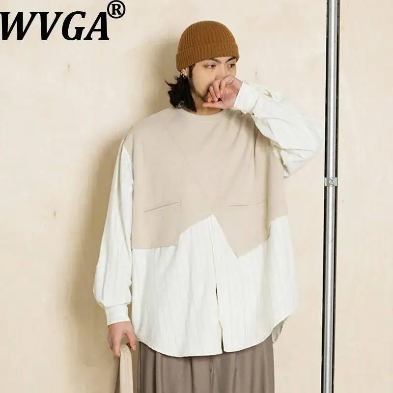 WVGA Spring Autumn New Men Vintage Striped Patchwork Faux Two-Piece Trendy Long Sleeved Shirt Japanese Style Pullover Top W25993