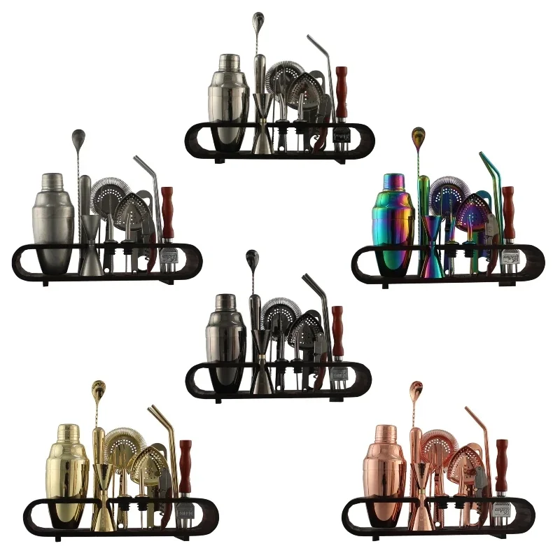 Factory Customization 20-Piece Stainless Steel Cocktail Set Curved Wooden Frame New American Style Cocktail Shakers