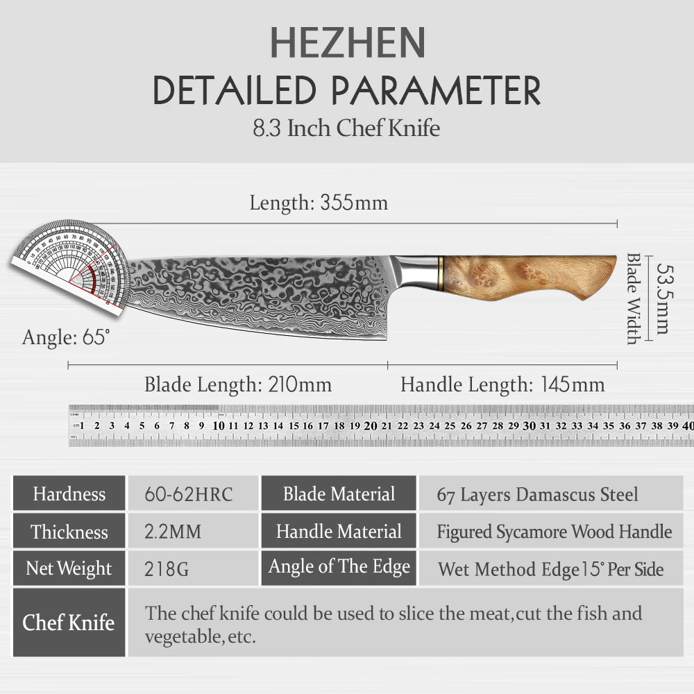 HEZHEN Master Series 8.3 Inches Chef Knife Japanese 67 Layer Damascus Kitchen Knife Stainless Steel Kitchen Knives Cutting Food