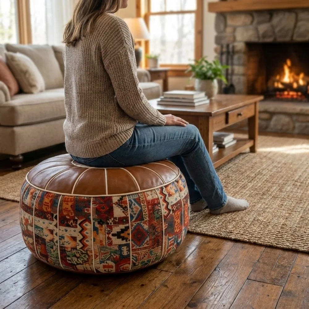 Leather Boho Seat Cushion Cover Embroider Craft Unstuffed Pumpkin Pouf Cover Waterproof Large Capacity Storage Bag Home Use