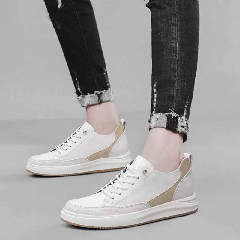 Genuine Leather Shoes Leisure Men Lift Height Increase Insole White Chunky Sneakers Comfortable Breathable Sports Running Shoes
