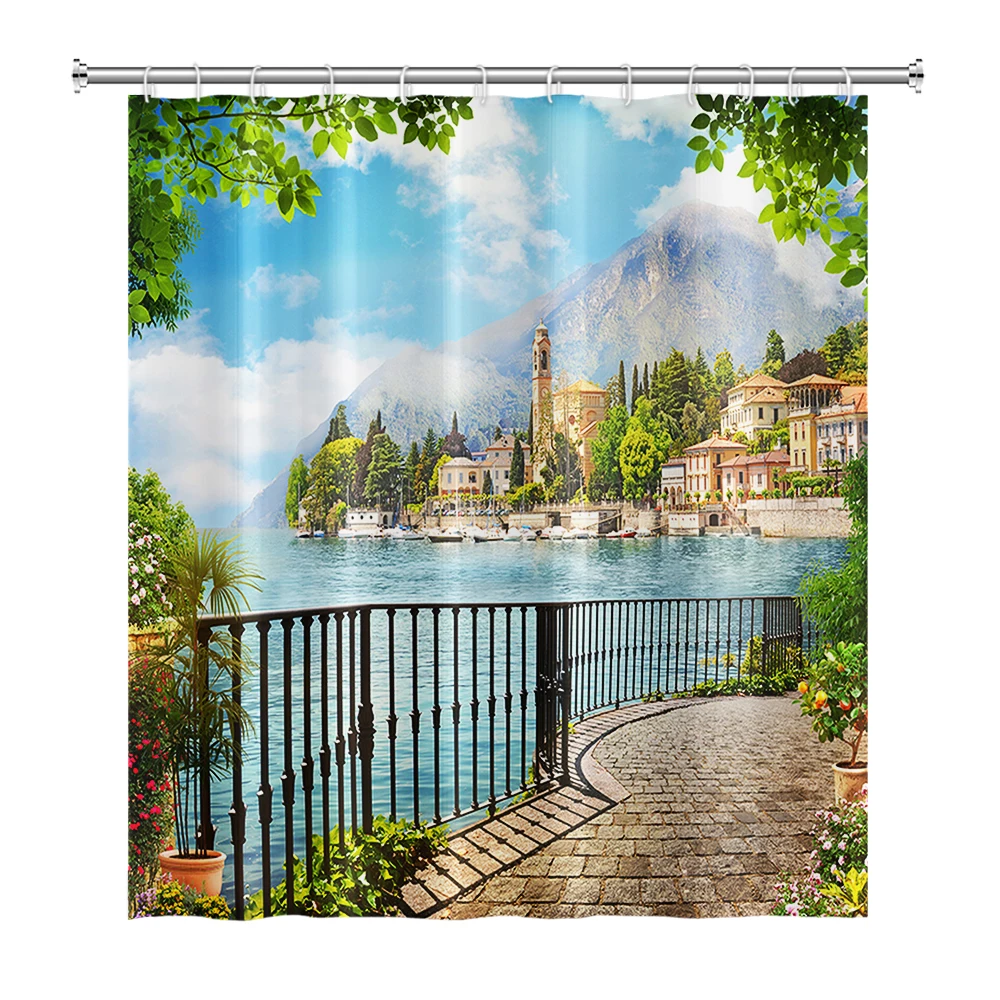 Natural Scenery Shower Curtain Waterfall Mountain Water Forest Flower Landscape Shower Curtain for Bathroom Home Decor Waterproo