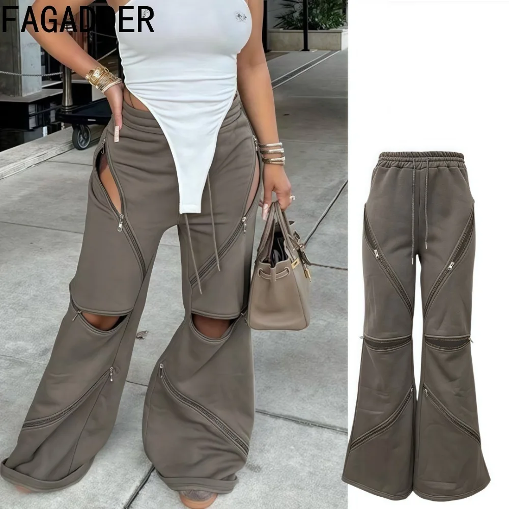 

FAGADOER Fashion Flare Pants Women Black Brown Drawstring Zipper Patchwork Loose Pants Female Streetwear Bottoms Spring New 2025