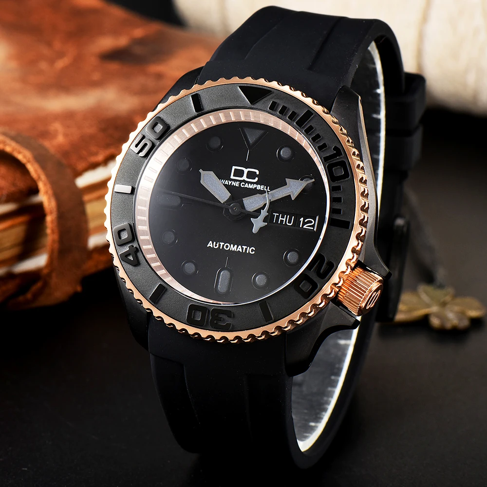 42mm DIY Custom Luxury Sapphire NH36 Automatic Mechanical Watch Men\'s Rose gold Black Wrist Watch Swimming Date Male Clock