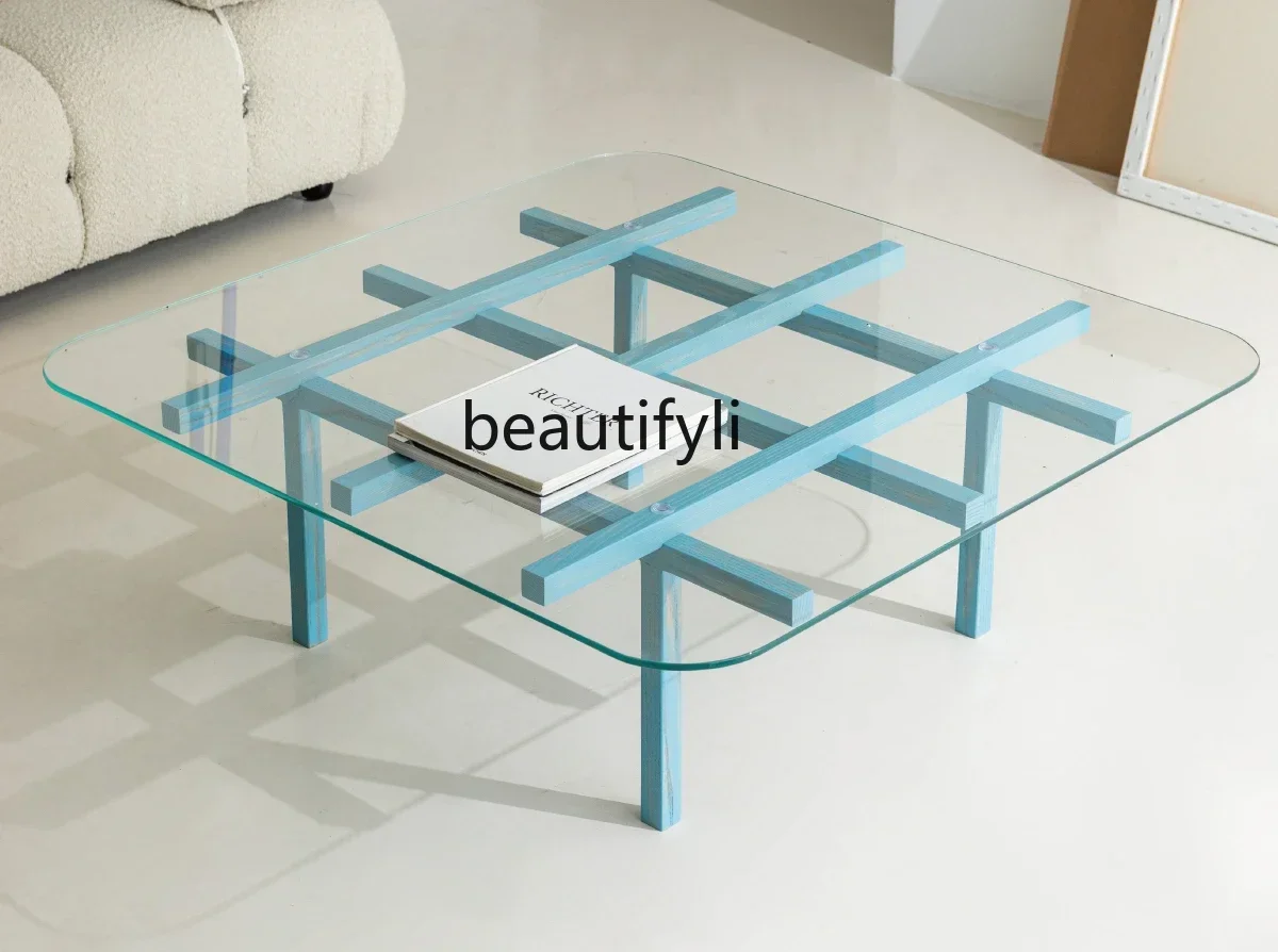 Coffee table solid wood designer creative Italian high-end sense, artistic glass square coffee table blue