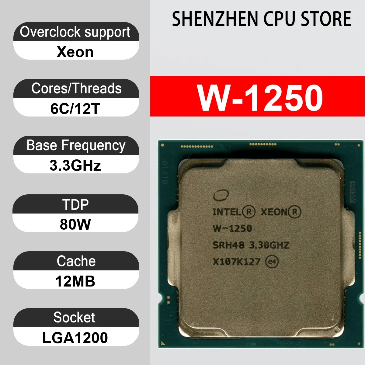 Intel Xeon W-1250 6 Core 12 Thread 3.30GHz 80W 12MB Cache 14nm LGA1200 SRH48 DDR4-2666 MHz Comet Lake-W UHD Graphics P630