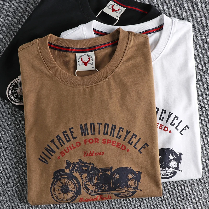 

Summer New American Retro Short-sleeved Motorcycle Printed T-shirt Men's Fashion 100% Cotton Washed Old Round Neck Casual Tops