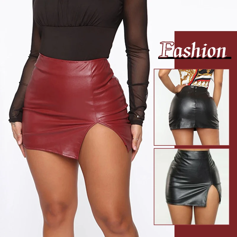 Sexy Women PU Leather Mini Skirts High Waist Pencil Bodycon Skirt  Vinyl Skinny Gothic Zipper Mini Skirt Party Clubwear