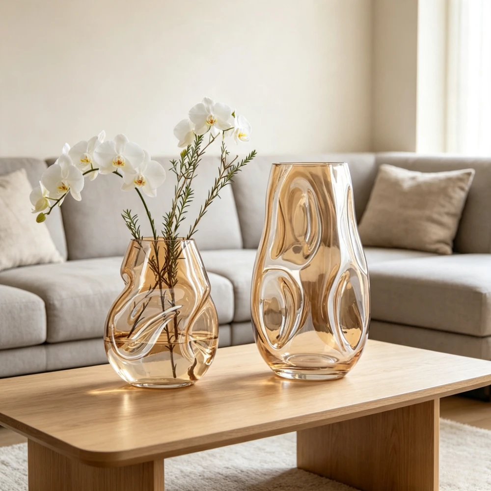 Nordic Irregular Wavy Amber Glass Vase Hydroponic Fresh Flower Arrangement Modern Home Coffee Table Centerpiece Decor