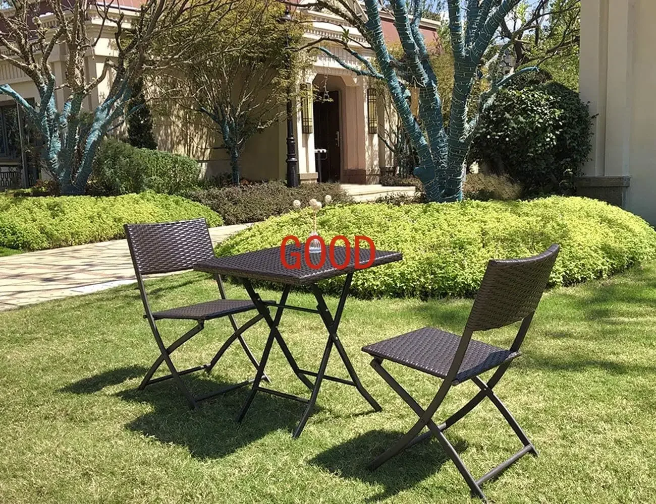 

3-Piece Rattan Folding Bistro Chair Set Handwoven Small Balcony Patio Furniture with Square Table Lightweight