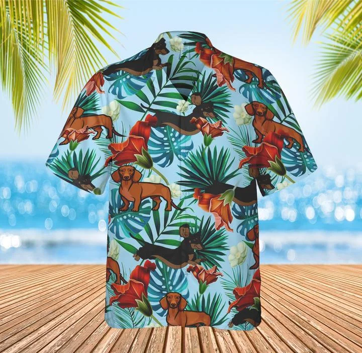 New Men's Shirt Kawaii Dachshund Tops Short-sleeved Button Cuban Shirts Oversized Hawaiian 3d Summer Holiday