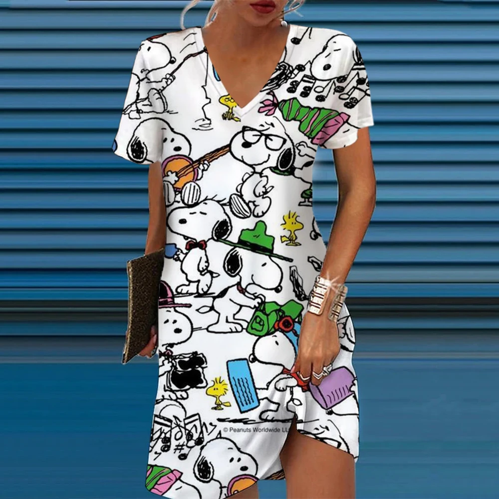 

Women Sweet Candy Color Circle Snoopy print Dresses For Summer 2024 Fashion Clothing Casual V-Neck Short Sleeve Plus Size Dress