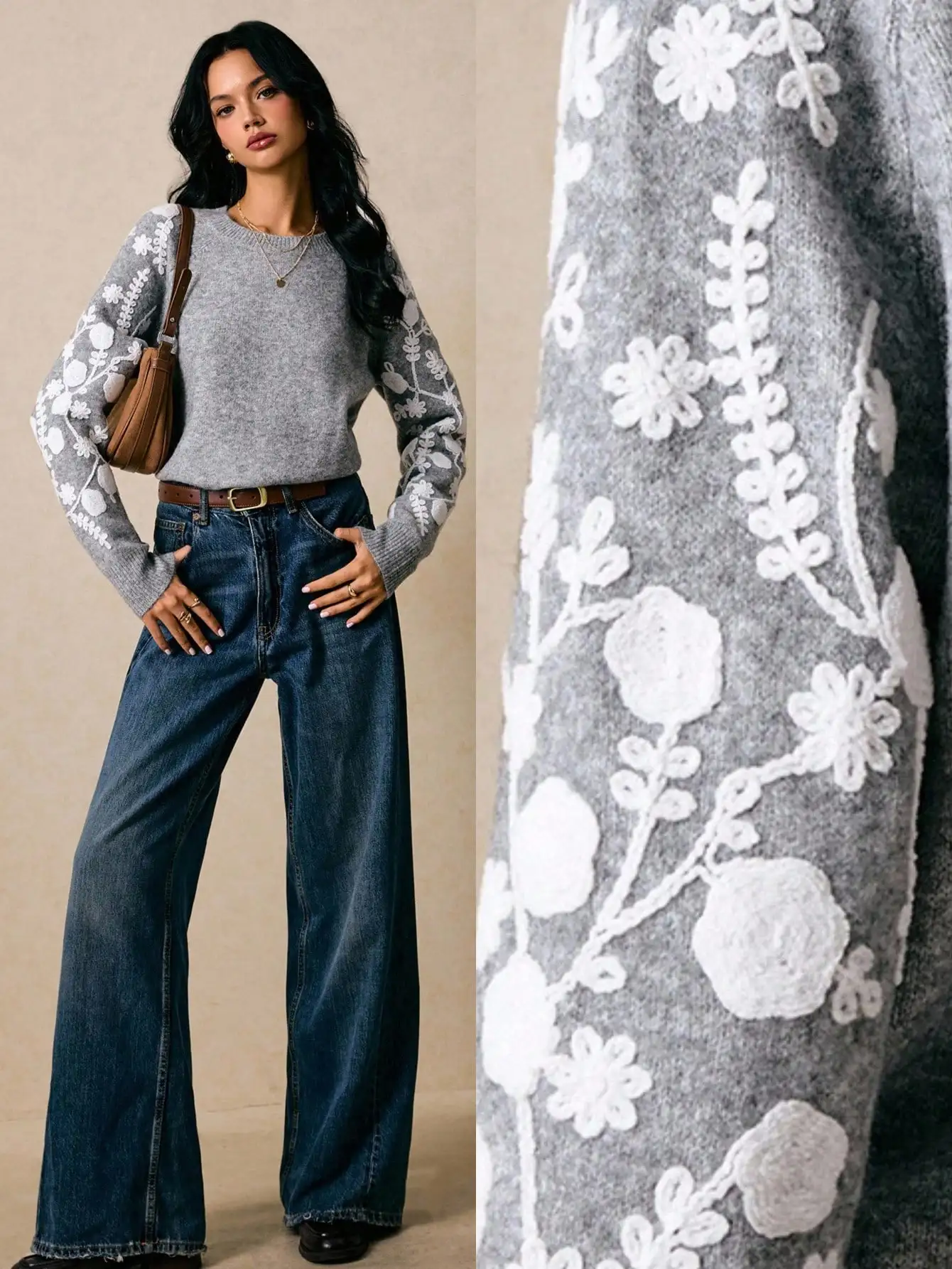 

Женский серый свитер с цветочной вышивкой и длинными рукавами для повседневной носки осенью и зимой