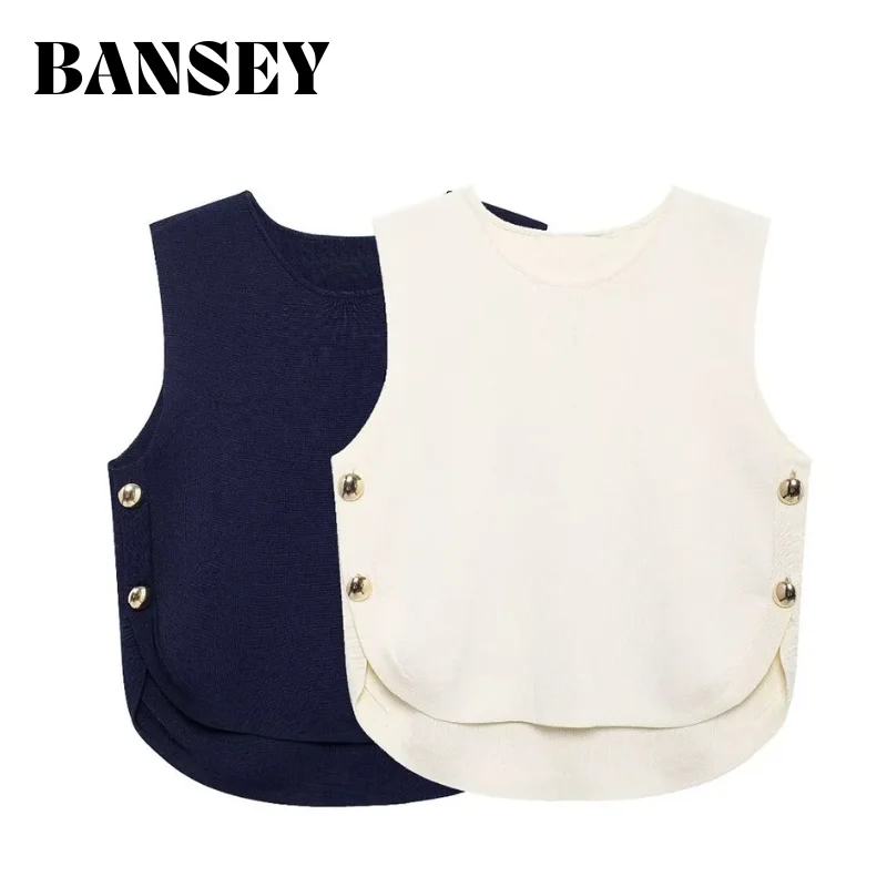 2025   Women's  Chic  Sleeveless  Top  with  Side  Buckles  Asymmetrical Hem  Casual O-neck Crop Top