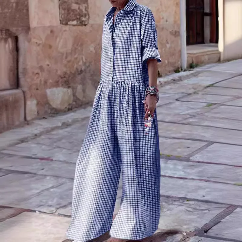 بدلة قفز نسائية من Sister Star كاجوال بياقة قميص منقوش وأكمام طويلة فضفاضة على طراز الشارع بدلة قفز أنيقة للركاب #4