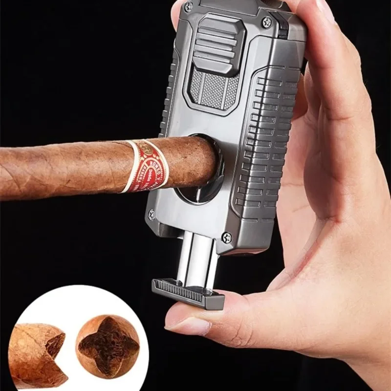 5 in 1 Cigar Lighter with Cutter. Cigar Punch and Draw Enhancer. Cigar Holder. Refillable Butane Torch Lighter Gadgets for Men