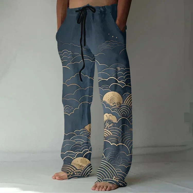 2024 new handsome cat print men\'s trousers daily leisure comfortable bamboo linen straight pants large size men\'s casual pants