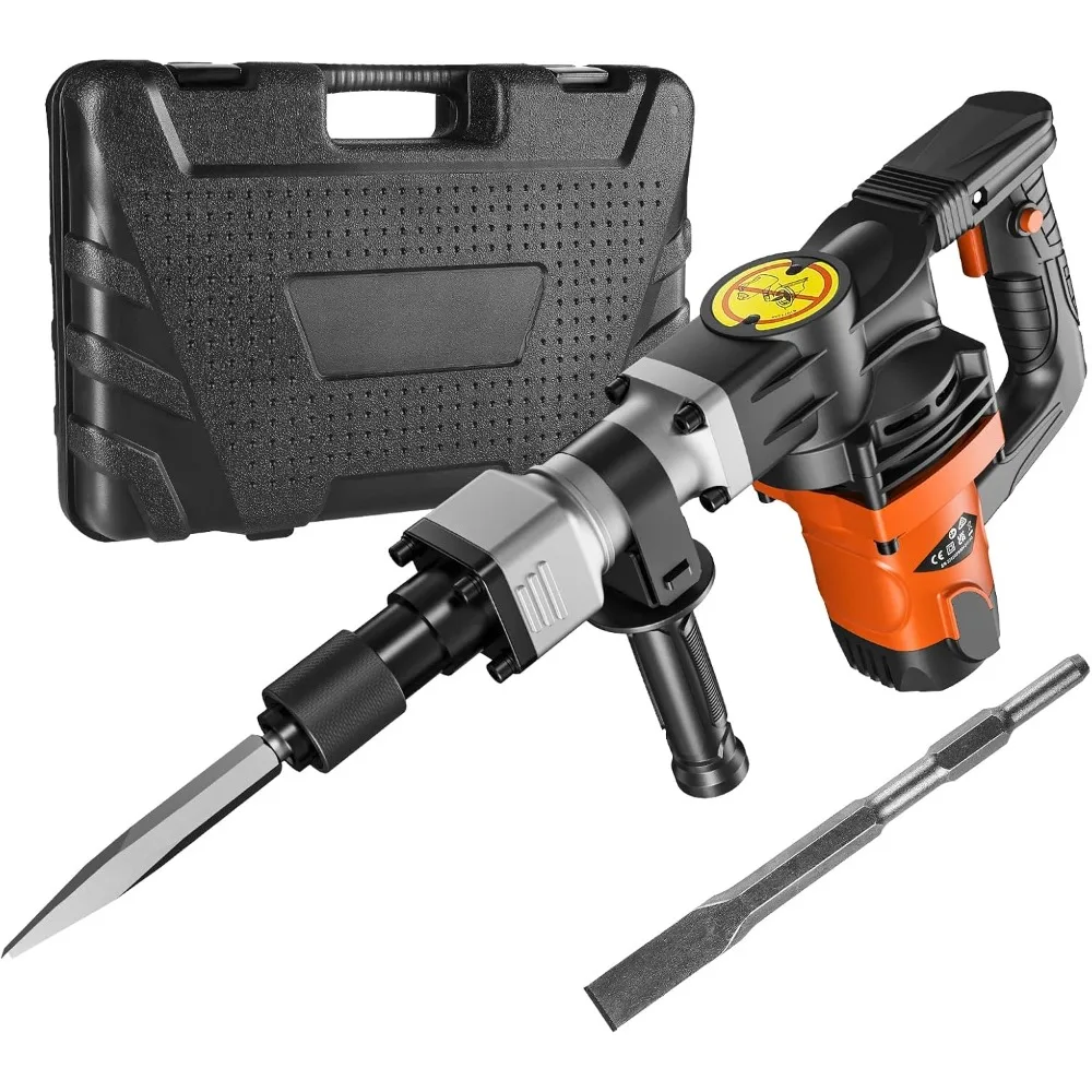 Mocny młot udarowy elektryczny o mocy 1400 W, 2900 uderzeń na minutę do wybijania betonu, zawiera 2 dłuta do demontażu i cięcia.