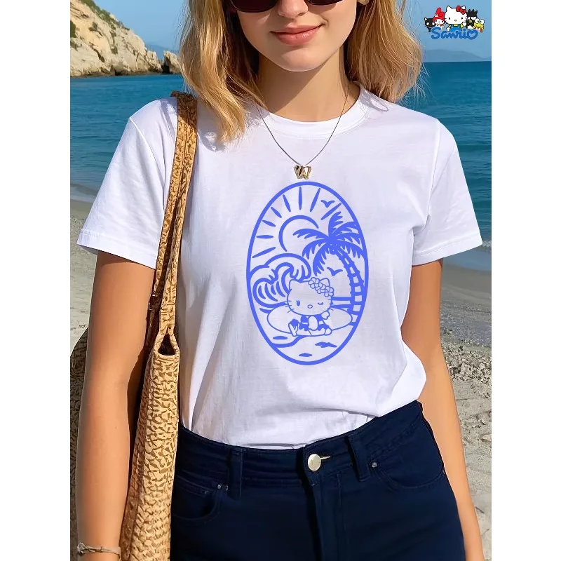 

Heltty Sanrio Beach Wave Coconut Tree Sun Hawaiian Pattern Printed T-shirt Round Neck Top Trendy Fashion Casual Women's T-shirt
