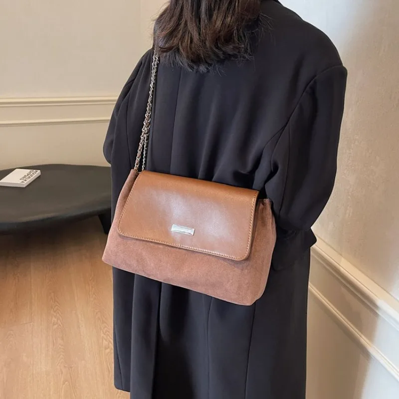 

Crossbody Bag with Brown Leather Suede Finish & Chain Strap, Stylish & Roomy for Everyday Casual Activities & Work Bag for Women