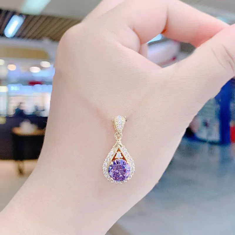 Bestselling Purple Waterdrop Crystal Pendant Necklace Women Fashion All-Match Light Luxury Daily Commute Clavicle Chain Jewelry