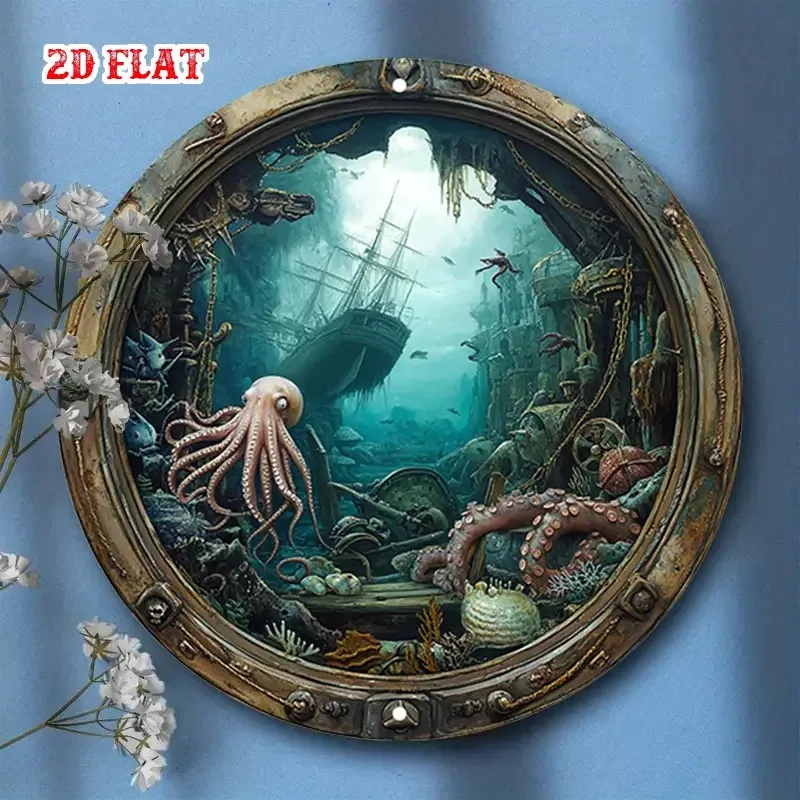 Nautical Porthole Wall Decor - Underwater Shipwreck Scene Metal Sign, Easy Hang Indoor Decoration for Living Room,  Wedding Gift