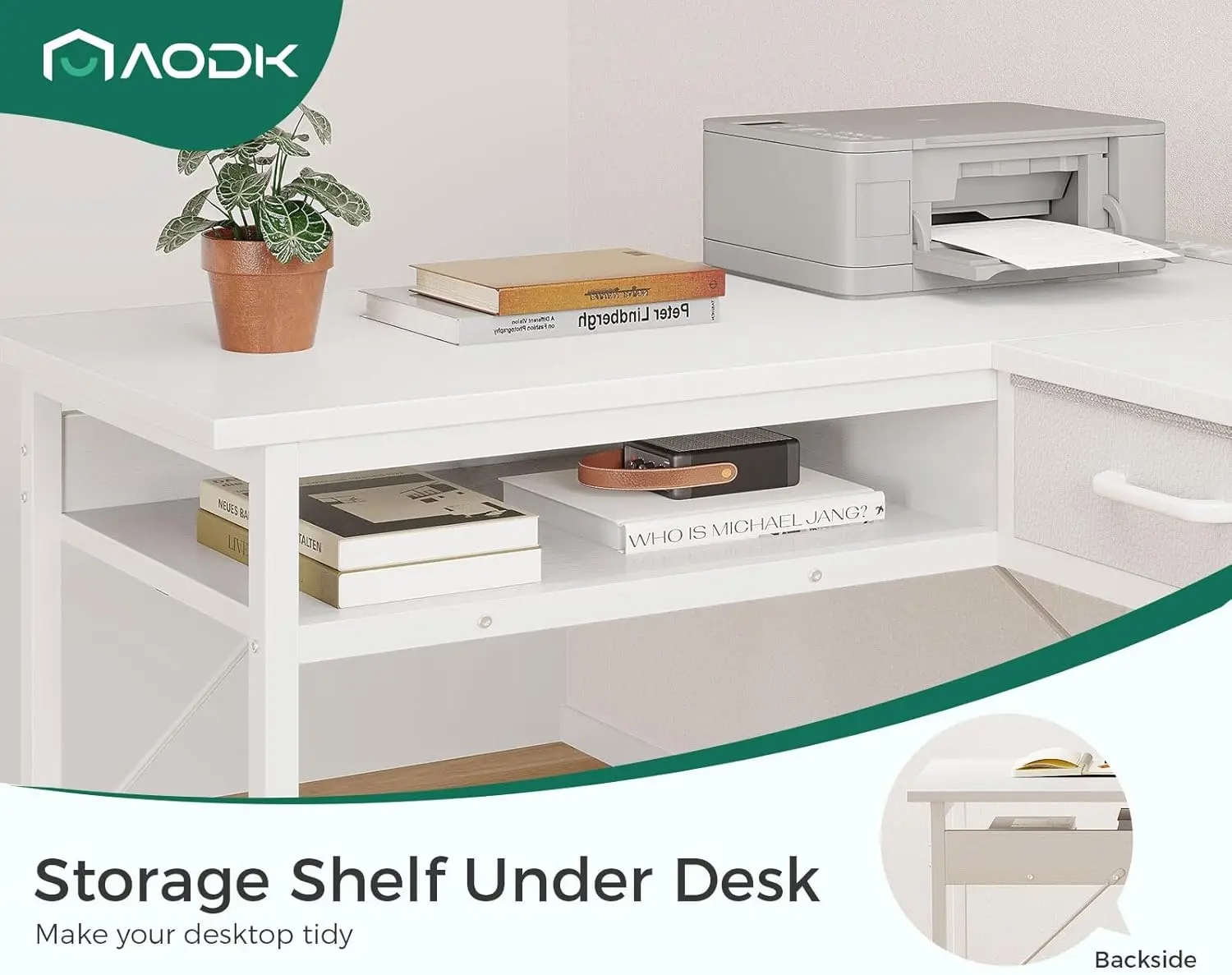 Mesa com 3 gavetas e tomadas elétricas, mesa branca de 47" com prateleira de armazenamento, mesa de canto com espaço espaçoso sob a mesa, escritório doméstico