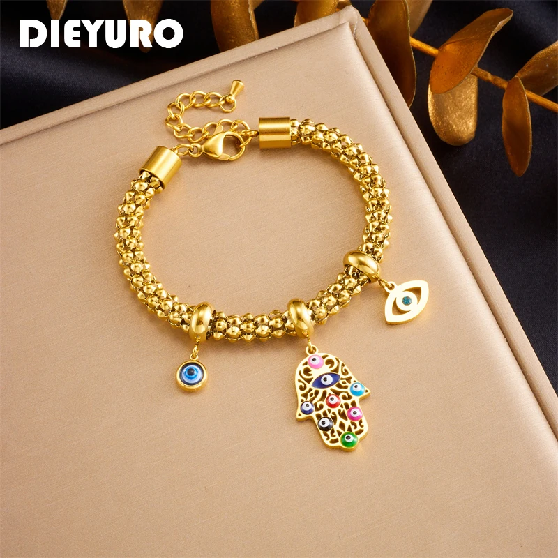 DIEYURO 316L Stainless Steel Vintage Palm Eyes Charm Bracelet For Women Fashion Wrist Chain Jewelry Party Gift pulseras mujer