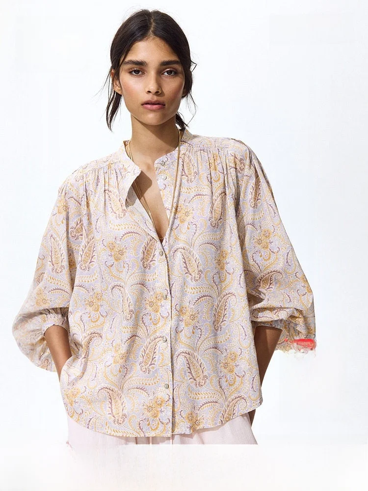 

Summer New Women's Loose Fit Mixed Fiber Blouse Vintage Style Long Sleeve Button Detail Gauze And Cotton Blend Shirt