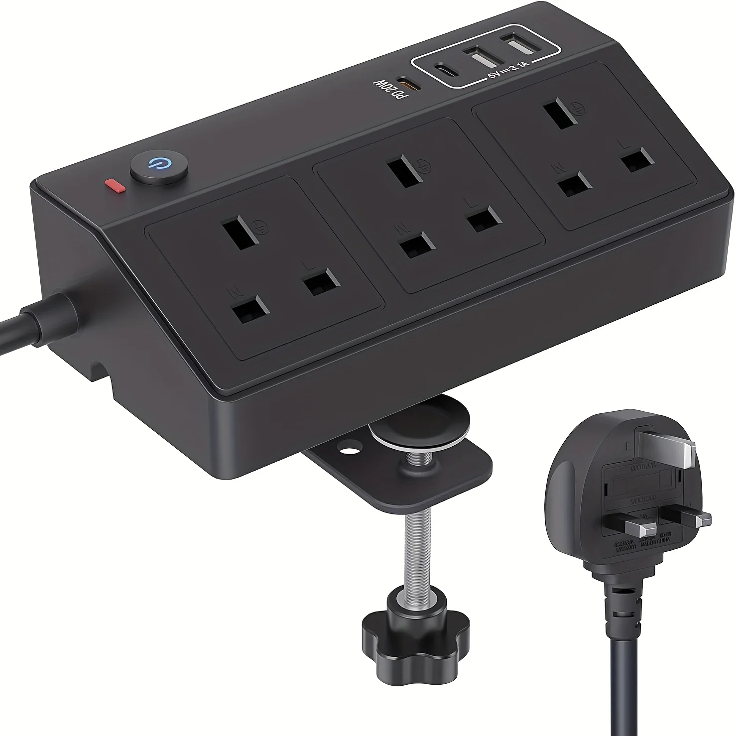 

Desk Power Strip with USB-C & USB Slots, PD 20W Fast Charging, 2m Extension Cable with Removable Clamp - For Home Office