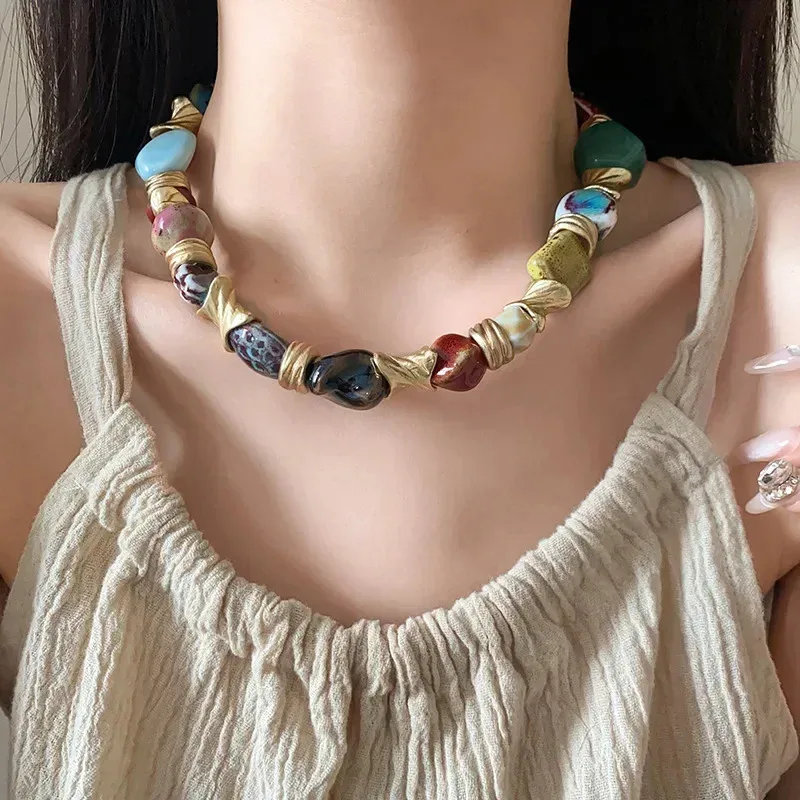 Vintage Floral Rond En Céramique Collier Fleur Créative Rétro Choker En Gros