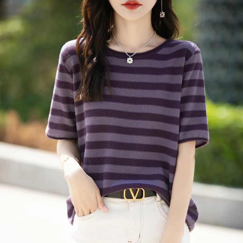 

Women's T-shirt Summer 100% Cotton Sweater Short sleeved Casual Stripe Knitted Fabric Round Neck Women's Top Loose Pullover T-sh